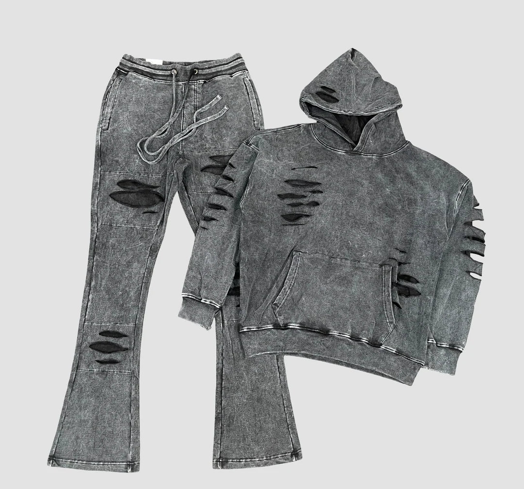 Royal Distressed Acid-Wash Hoodie & Flare Pants Set
