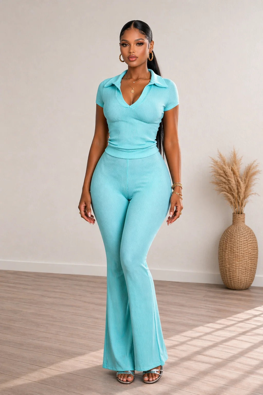 ROYAL RIBBED COLLAR TOP & PANTS SET