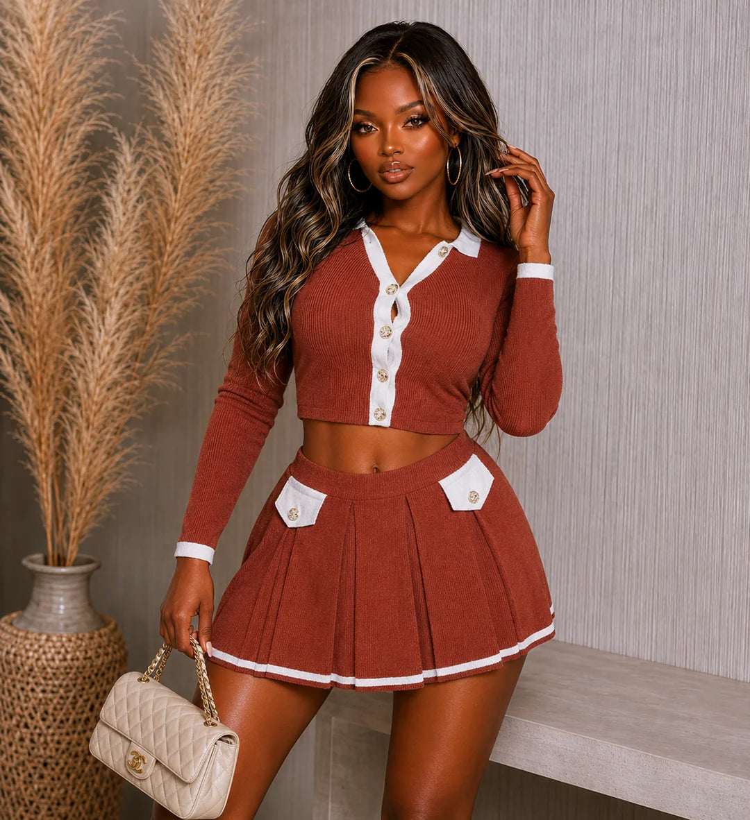Royal KNIT BUTTON DETAIL TOP & SKORT SET (4PC)
