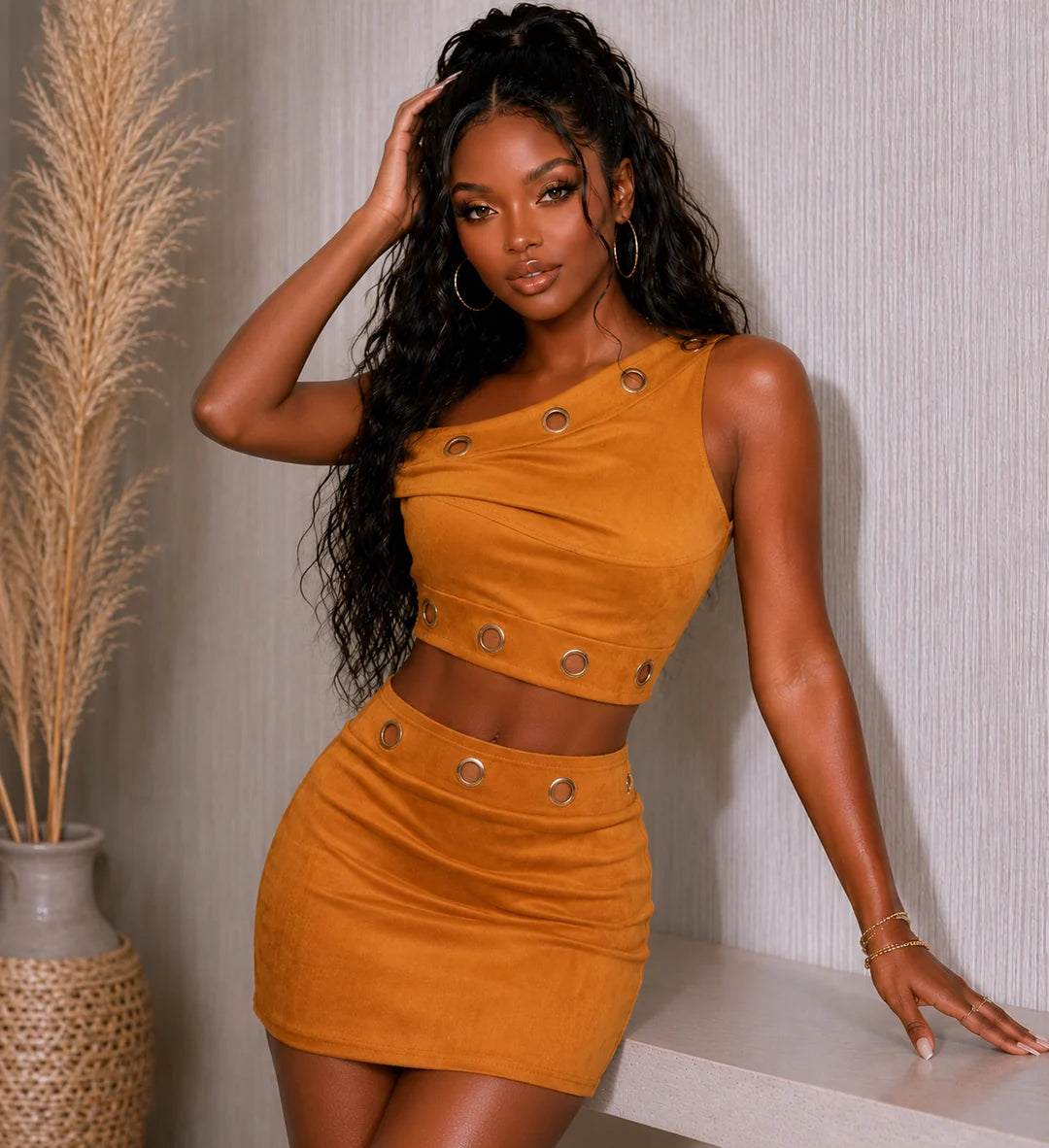 Royal CIRCLE GOLD TRIM SUEDE TOP & SKIRT SET