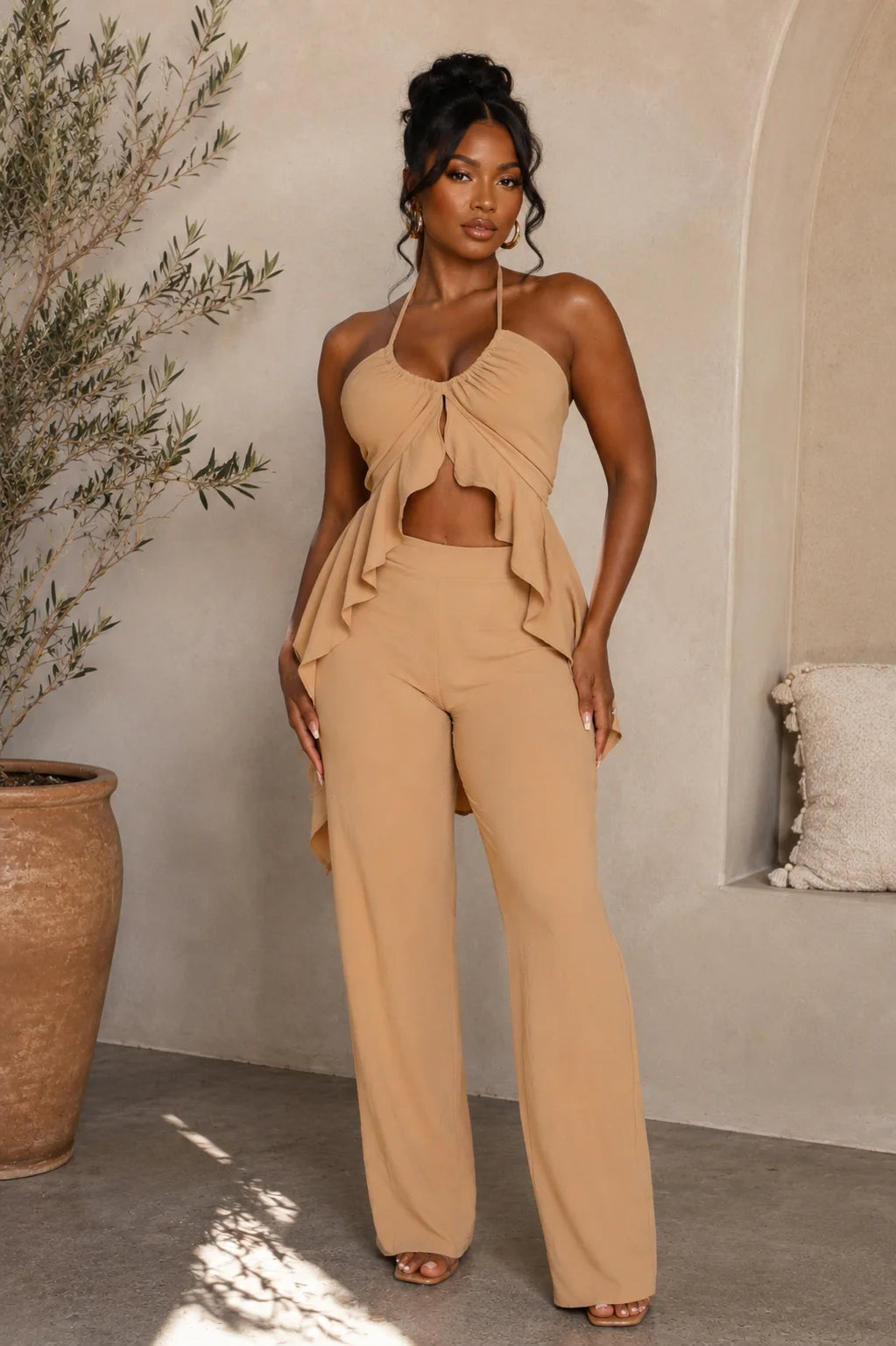 Royal HALTER RUFFLED SHIRRING TOP & PANTS SET