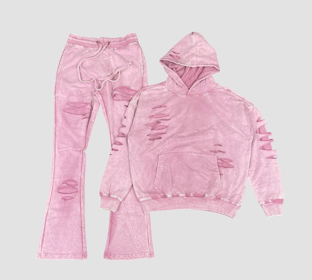 Royal Distressed Acid-Wash Hoodie & Flare Pants Set
