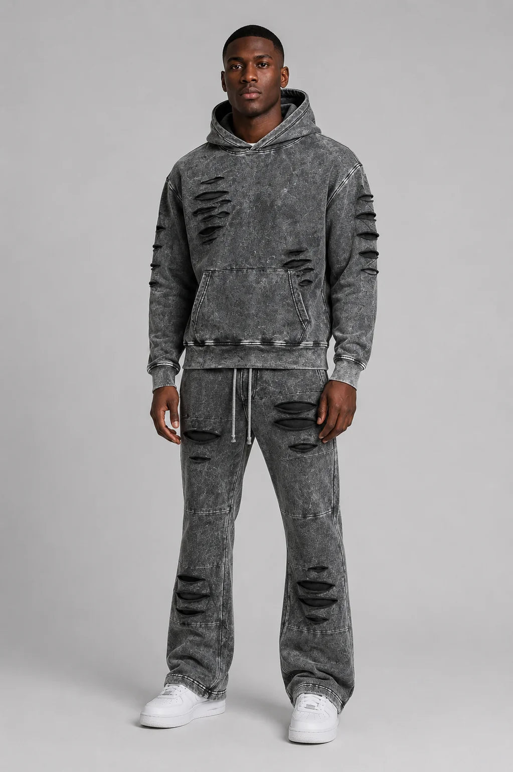 Royal Distressed Acid-Wash Hoodie & Flare Pants Set